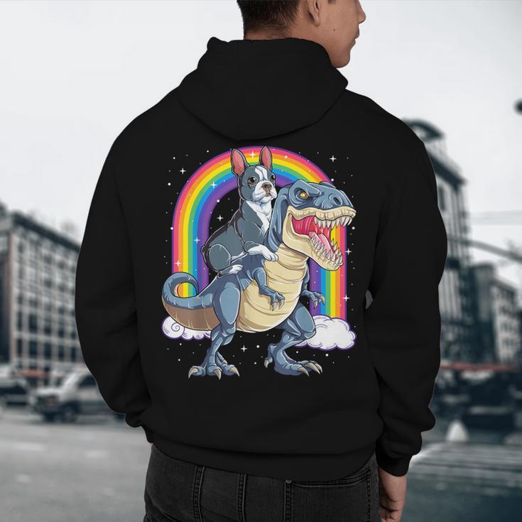 Boston Terrier Riding Dinosaur T-Rex Boys Kids Rainbow Men's Hoodie Back Print, novelty gifts, funny gifts
