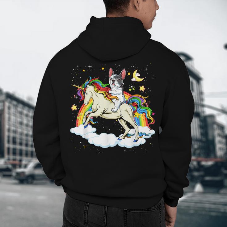 Boston Terrier Riding Unicorn Boys Girls Kids Rainbow Men's Hoodie Back Print, novelty gifts, funny gifts