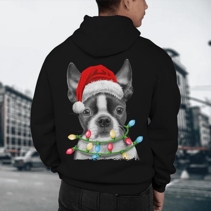 Boston Terrier Santa Christmas Tree Lights Xmas Boys Men Dog Men's Hoodie Back Print, novelty gifts, funny gifts
