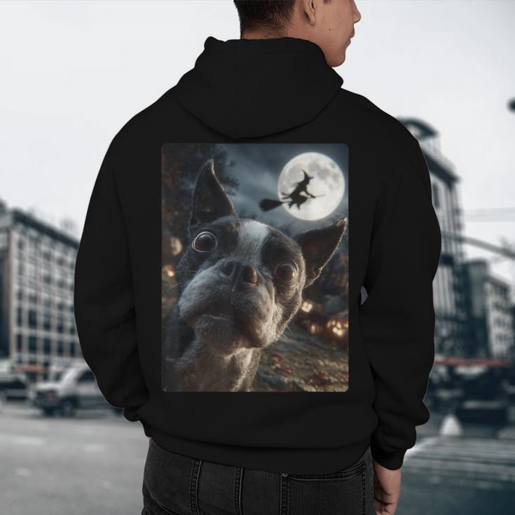 Boston Terrier Selfie Full Moon Flying Witch Halloween Dog Men's Hoodie Back Print, novelty gifts, funny gifts