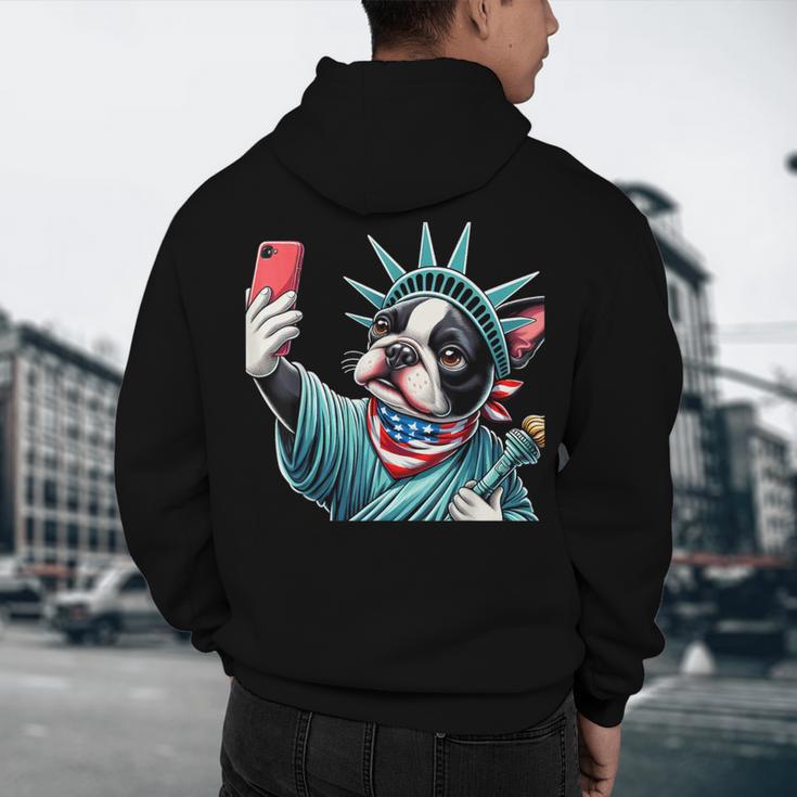 Boston Terrier Selfie Statue Of Liberty 4th Of July American Men's Hoodie Back Print, novelty gifts, funny gifts