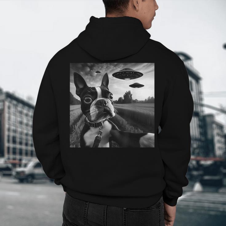 Boston Terrier Graphic Selfie With UFOs Weird Aliens Men's Hoodie Back Print, novelty gifts, funny gifts