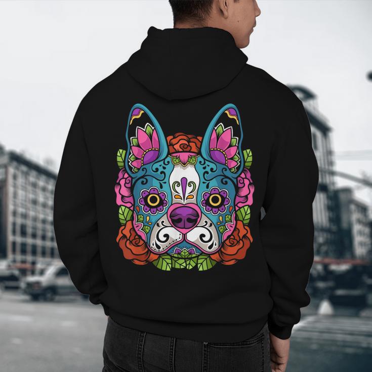 Boston Terrier Sugar Skull Dog Day Of The Dead Men's Hoodie Back Print, novelty gifts, funny gifts