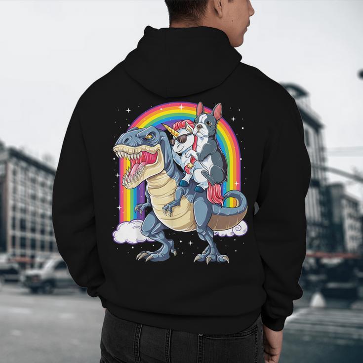 Boston Terrier Unicorn Riding Dinosaur T-Rex Girls Rainbow Men's Hoodie Back Print, novelty gifts, funny gifts