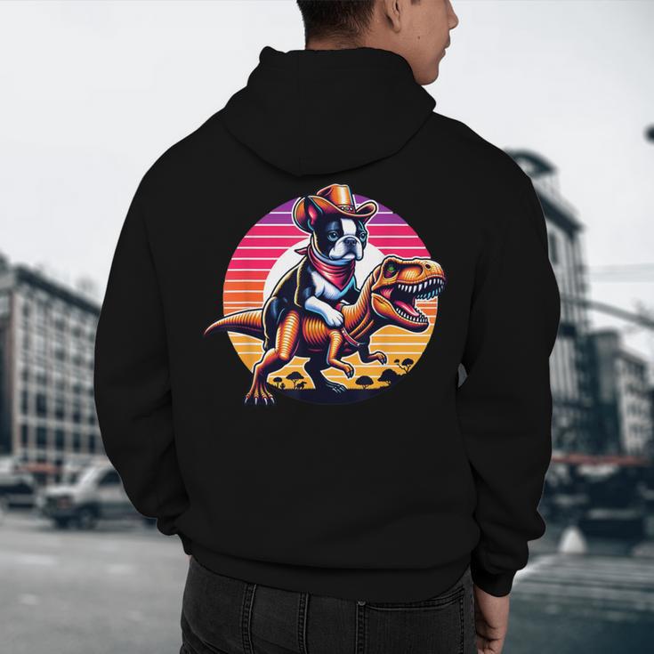 Boston Terrier Wearing A Cowboy Hat On T-Rex Men's Hoodie Back Print, novelty gifts, funny gifts