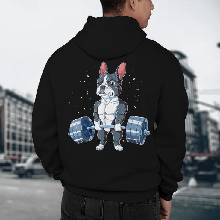 Boston Terrier Weightlifting Deadlift Men Fitness Gym Men's Hoodie Back Print, novelty gifts, funny gifts