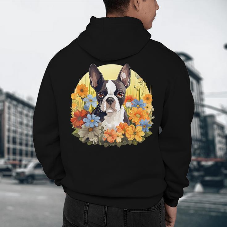 Cute Boston Terrier Spring Flower Garden Colorful Puppy Dog Men's Hoodie Back Print, novelty gifts, funny gifts