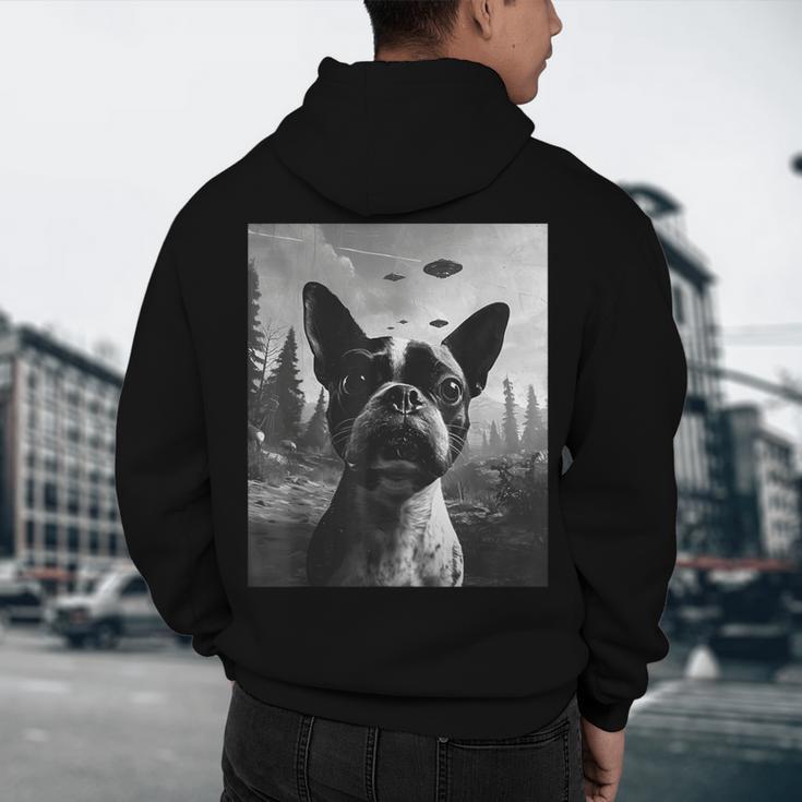 Dog Mom Dad Alien Selfie Boston Terrier UFO For Men Women Men's Hoodie Back Print, novelty gifts, funny gifts