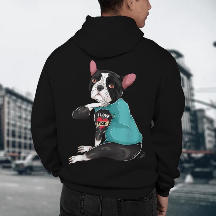 Father's Day Gift Dog Dad Boston Terrier i Love Dad Tattoo Men's Hoodie Back Print, novelty gifts, funny gifts