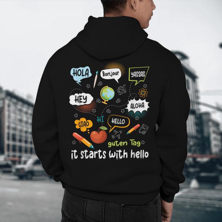 Friendship Inclusion Language Teacher It Starts With Hello Men's Hoodie Back Print, novelty gifts, funny gifts Friendship Inclusion Language Teacher It Starts With Hello Men's Hoodie Back Print, novelty gifts, funny gifts