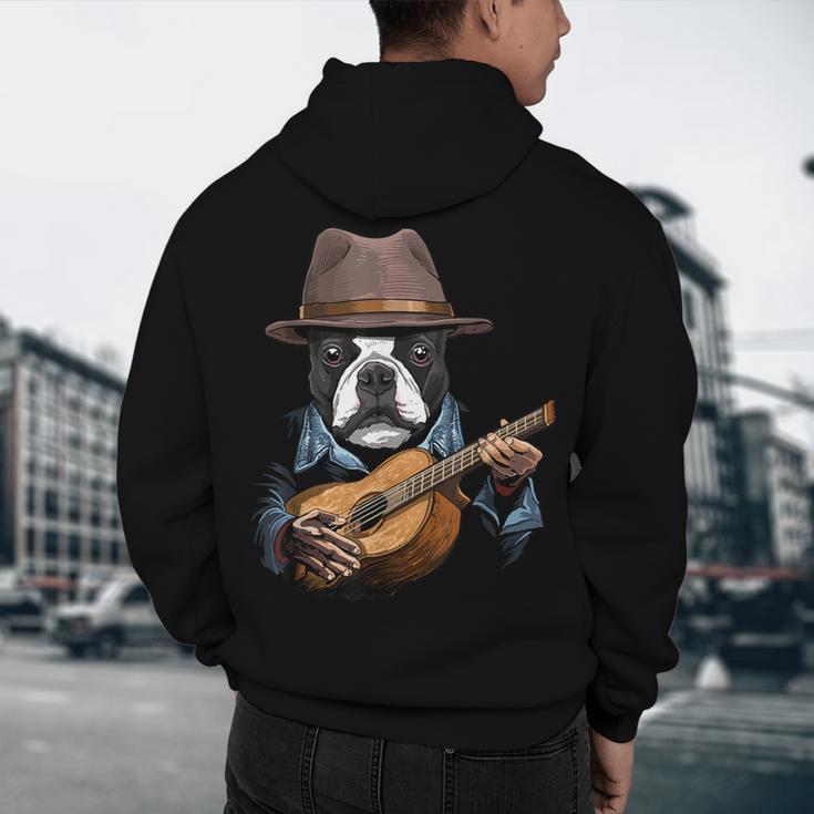 Guitar Shirt Boston Terrier Dog Playing Acoustic Guitar Men's Hoodie Back Print, novelty gifts, funny gifts
