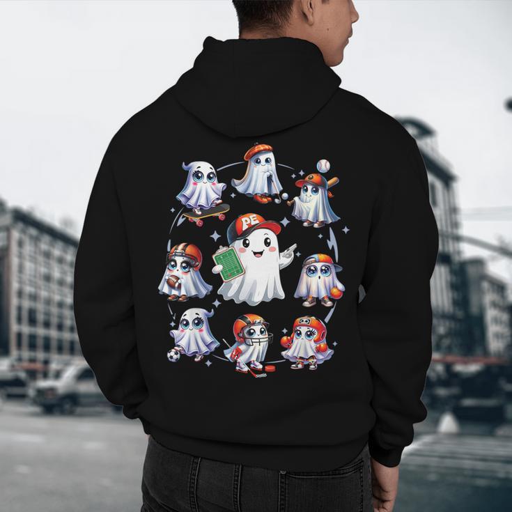 Halloween PE Teacher Ghost Playing Sports Physical Education Men's Hoodie Back Print, novelty gifts, funny gifts