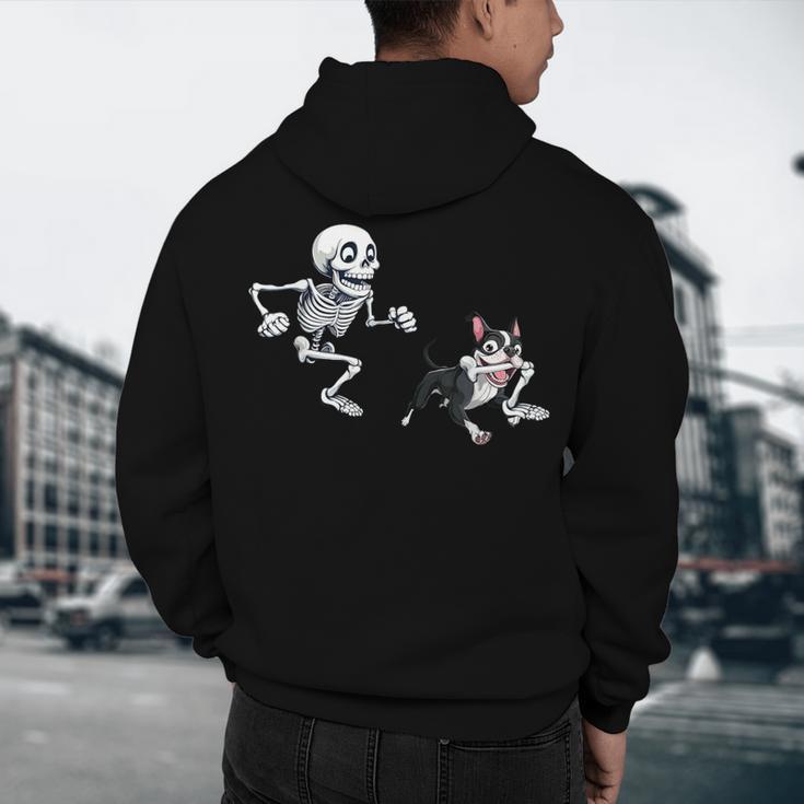 Skeleton Chasing Dog Boston Terrier Halloween Pet Lover Men's Hoodie Back Print, novelty gifts, funny gifts