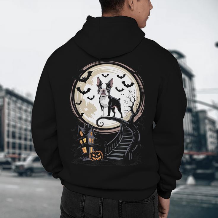 Spooky Halloween Moon Boston Terrier Boston Bull Bostie Men's Hoodie Back Print, novelty gifts, funny gifts