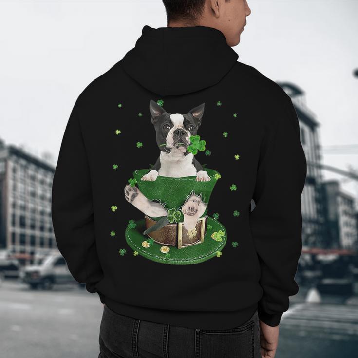 St Patrick's Day Leprechaun Boston Terrier Dog Shamrock For Men Women Kids Men's Hoodie Back Print, novelty gifts, funny gifts