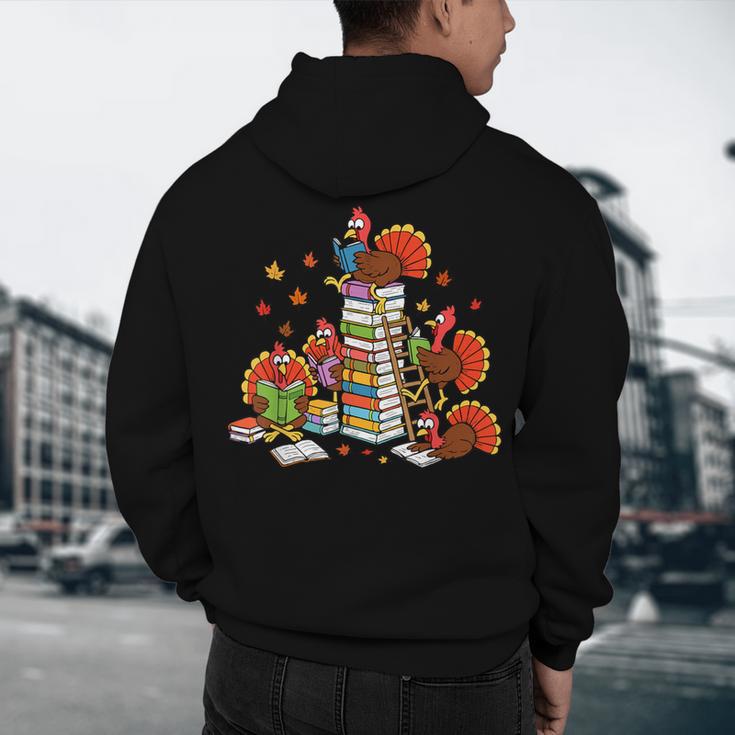 Turkey Reading Books Fall Thanksgiving Teacher Librarian Men's Hoodie Back Print, novelty gifts, funny gifts