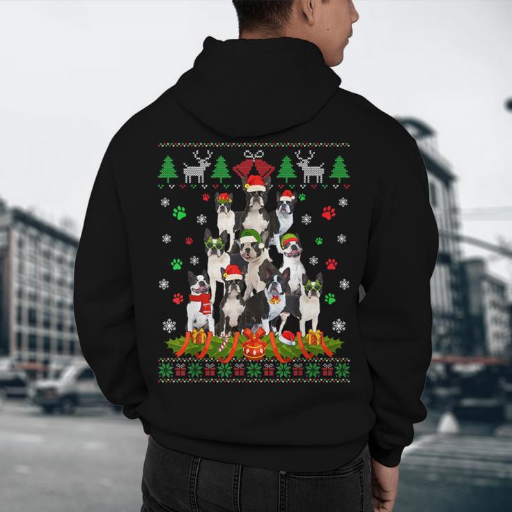 Ugly Sweater Christmas Tree Boston Terrier Dog Xmas Pajama Men's Hoodie Back Print, novelty gifts, funny gifts