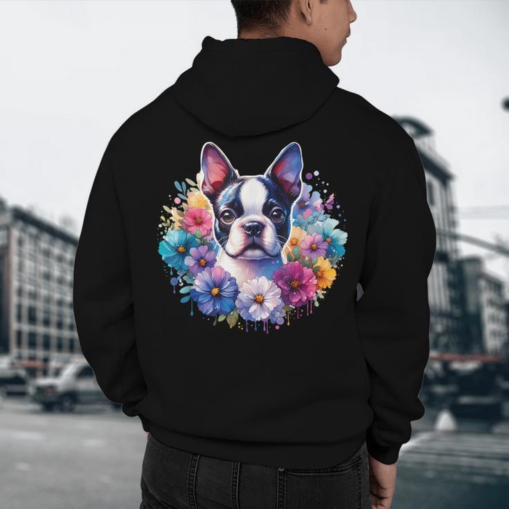 Watercolor Floral Boston Terrier Mama Dog Lover Mother's Day Men's Hoodie Back Print, novelty gifts, funny gifts