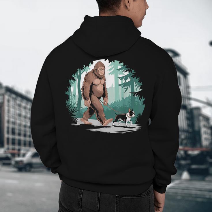 Whimsical Forest Adventures Sasquatch Bigfoot Walking Boston Terrier Dog Lovers Men's Hoodie Back Print, novelty gifts, funny gifts