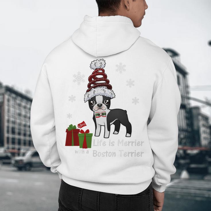Boston Terrier Christmas T Shirt-Life Is Merrier Premium Tri-Blend Men's Hoodie Back Print, novelty gifts, funny gifts