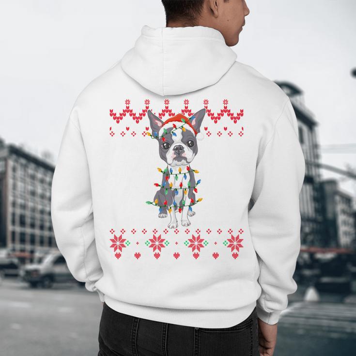 Boston Terrier Dog Santa Hat Men Kids Ugly Christmas Light Men's Hoodie Back Print, novelty gifts, funny gifts