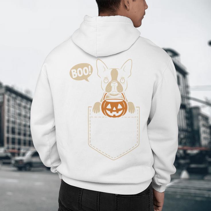 Boston Terrier Halloween Cute Bostie Dog Pocket Boo Men's Hoodie Back Print, novelty gifts, funny gifts