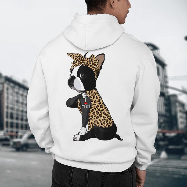 Boston Terrier Lover I Love Mom Tattoo Leopard Men's Hoodie Back Print, novelty gifts, funny gifts