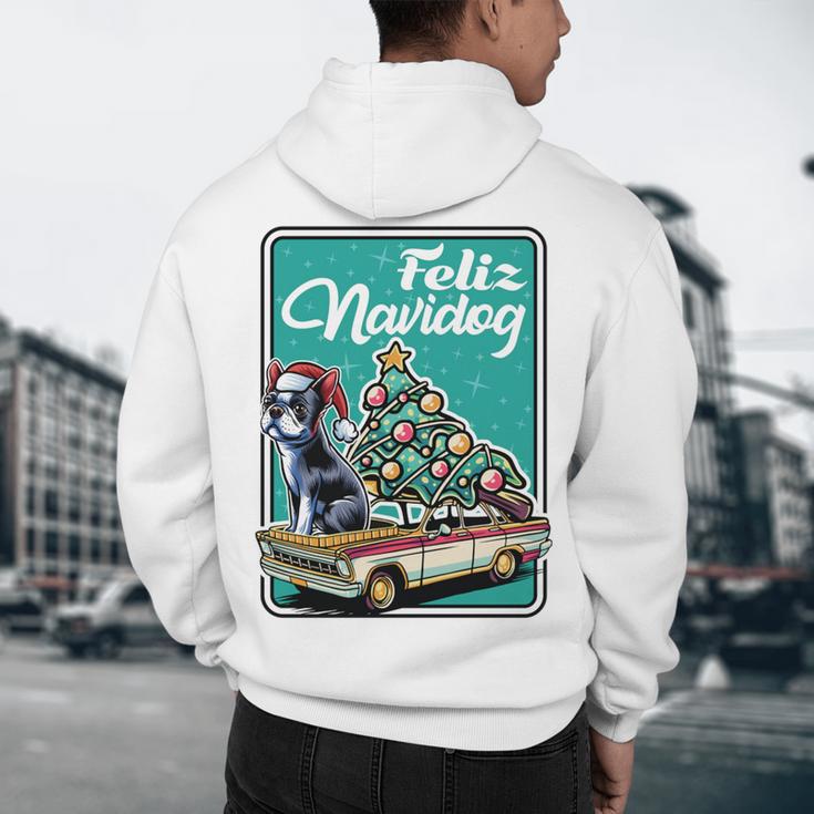 Boston Terrier Merry Christmas Tree Truck Dog X-Mas Men's Hoodie Back Print, novelty gifts, funny gifts