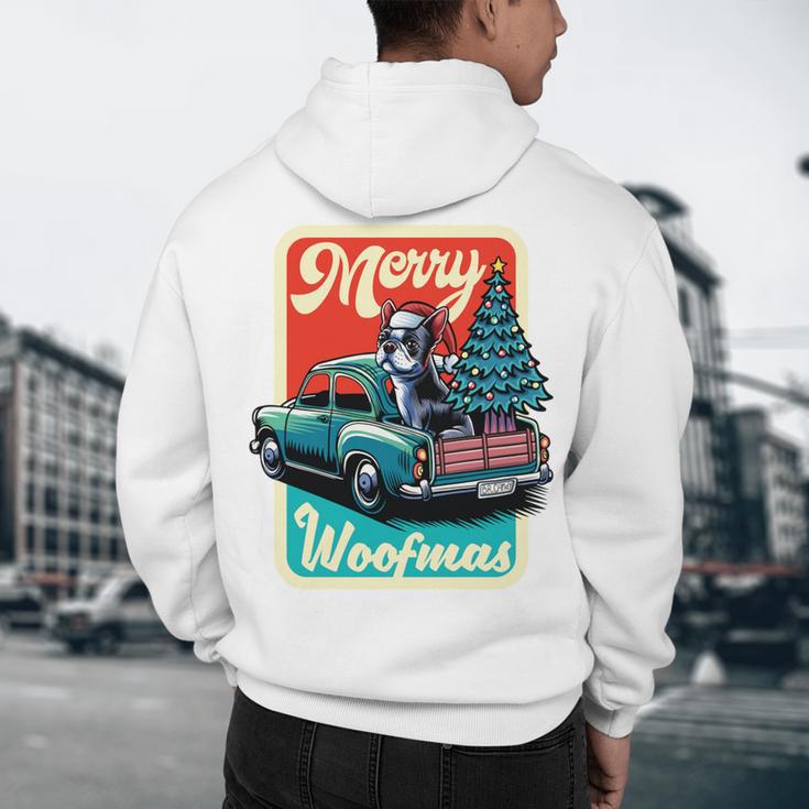 Boston Terrier Merry Christmas Tree Truck Santa Dog X-Mas Men's Hoodie Back Print, novelty gifts, funny gifts