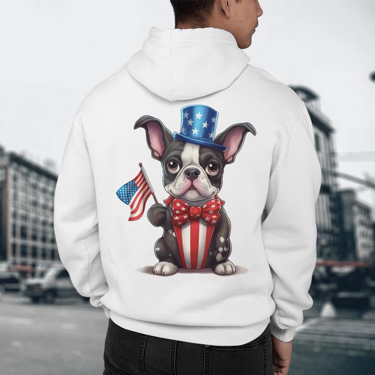 Boston Terrier Puppy Dog Holds His American Flag 4th Of July Men's Hoodie Back Print, novelty gifts, funny gifts