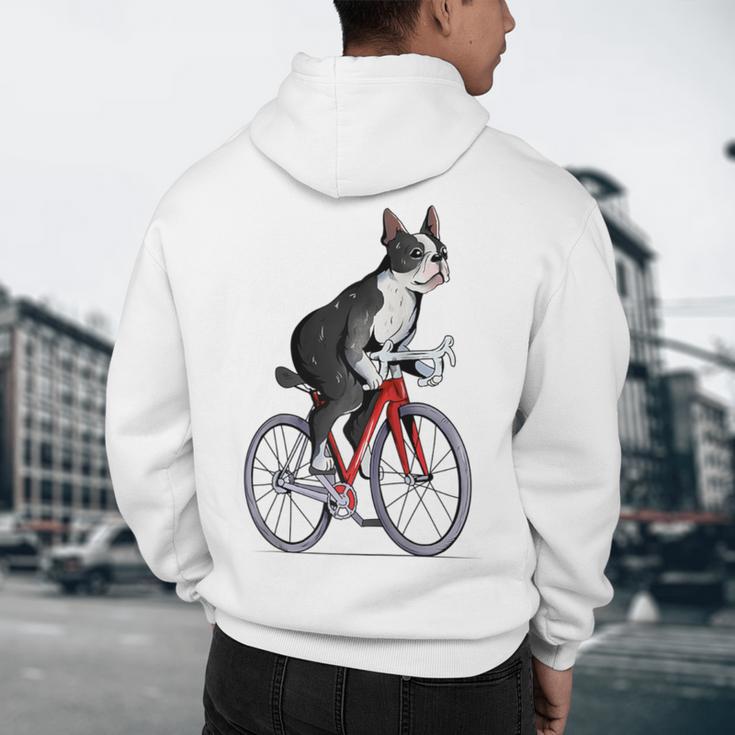 Boston Terrier Riding Bicycle Cute Bostie Biker Raglan Baseball Tee Men's Hoodie Back Print, novelty gifts, funny gifts