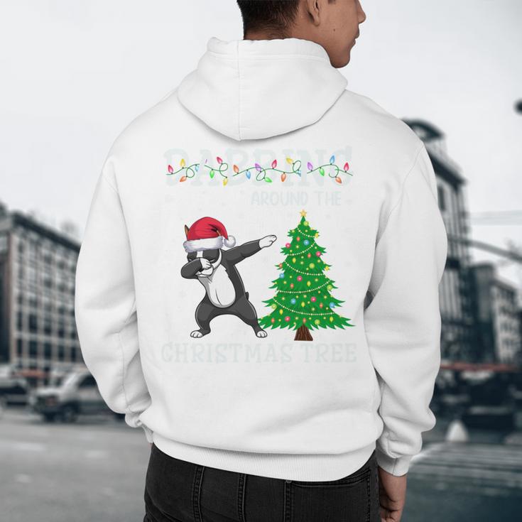 Boston Terrier Santa Hat Dabbing Around The Christmas Tree Men's Hoodie Back Print, novelty gifts, funny gifts