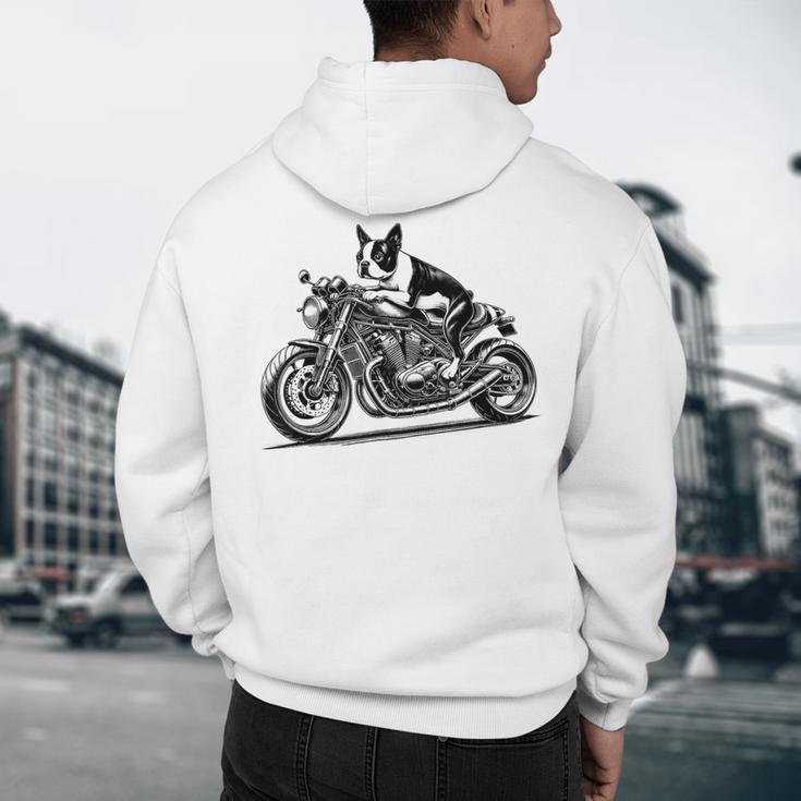 Cool Boston Terrier Riding a Motorcycle Biker Dog Lover For Men Women Kids Men's Hoodie Back Print, novelty gifts, funny gifts