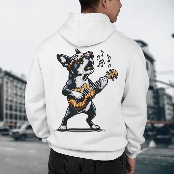 Dog Playing Guitar Singing Boston Terrier For Men Women Girls Kids Men's Hoodie Back Print, novelty gifts, funny gifts