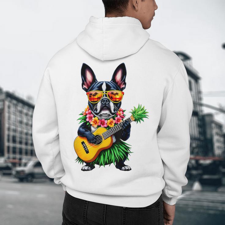 Hawaiian Boston Terrier & Pineapple Ukulele Summer Vacation Men's Hoodie Back Print, novelty gifts, funny gifts