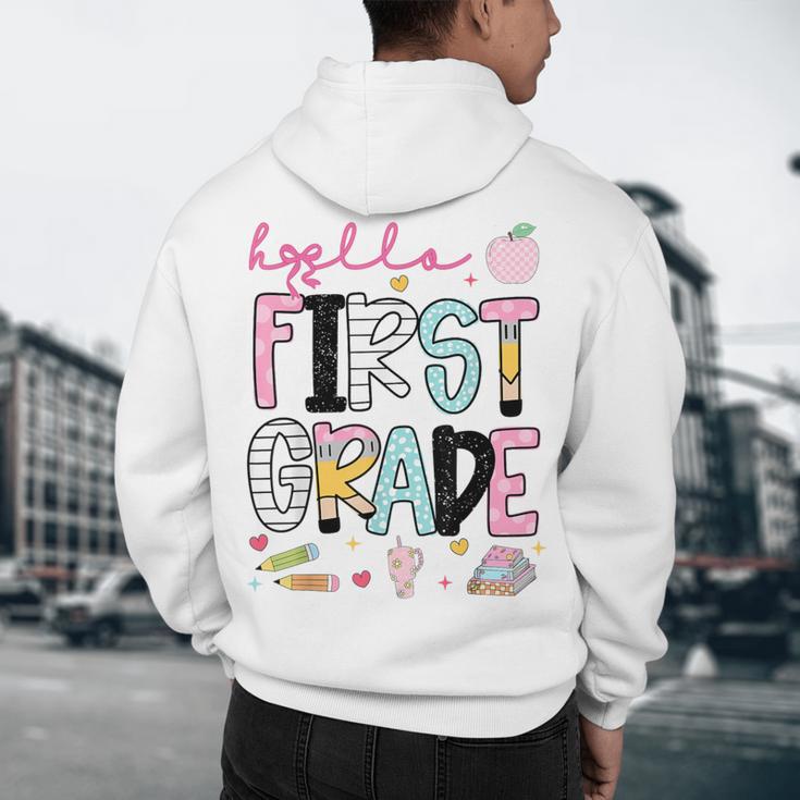 Hello First Grade Teacher Coquette Pencil Bow Back To School Men's Hoodie Back Print, novelty gifts, funny gifts Hello First Grade Teacher Coquette Pencil Bow Back To School Men's Hoodie Back Print, novelty gifts, funny gifts