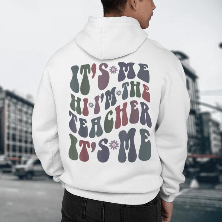 Retro IT'S ME Hi I'm The TEACHER Groovy Testing Squad Pink Men's Hoodie Back Print, novelty gifts, funny gifts