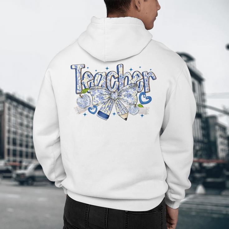 Teacher Blue Chinoiserie Coquette Bow Heart Teacher Life Men's Hoodie Back Print, novelty gifts, funny gifts