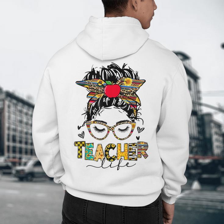 Teacher Life Messy Bun Glasses Leopard Sunflower Men's Hoodie Back Print, novelty gifts, funny gifts