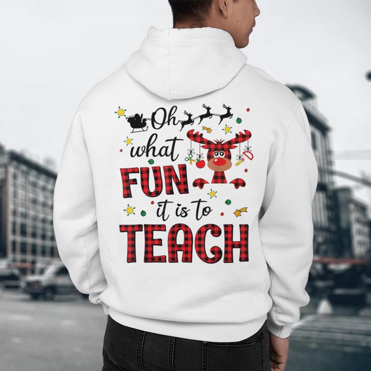 Teachers Oh What Fun It Is To Teach Cute Red Plaid Reindeer Men's Hoodie Back Print, novelty gifts, funny gifts