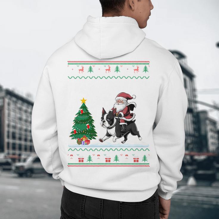 Ugly Christmas Tree Lights Xmas Santa Riding Boston Terrier Men's Hoodie Back Print, novelty gifts, funny gifts