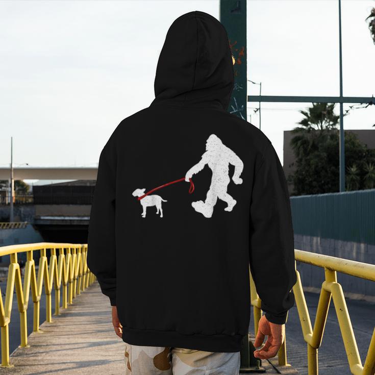 Bigfoot Walking With Bull Terrier Dog Men's Hoodie Back Print, funny design