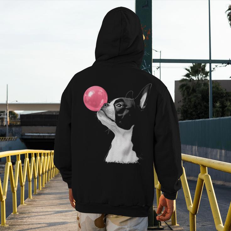 Boston Terrier Dog Blowing Chewing Bubble Gum Pink Men's Hoodie Back Print, funny design