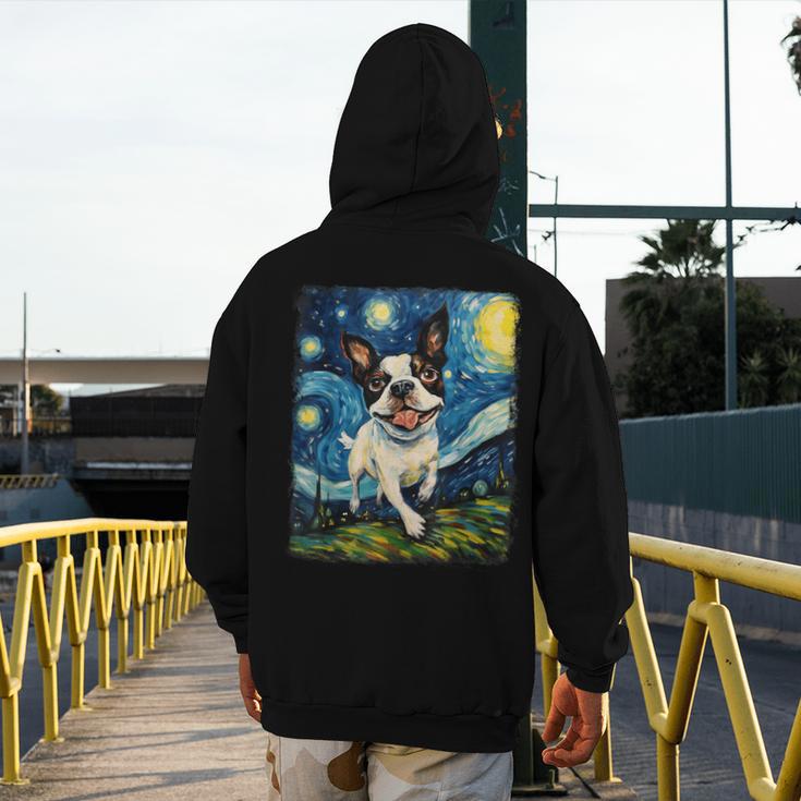 Boston Terrier Dog Starry Night Painting Men's Hoodie Back Print, funny design