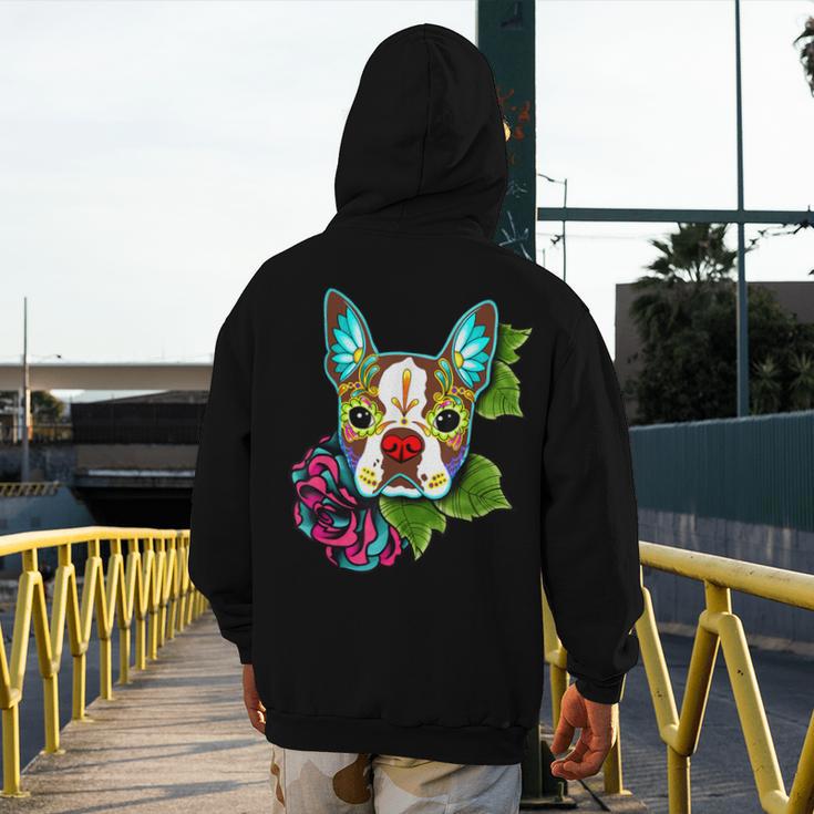 Boston Terrier In Red Day Of The Dead Sugar Skull Dog Men's Hoodie Back Print, funny design