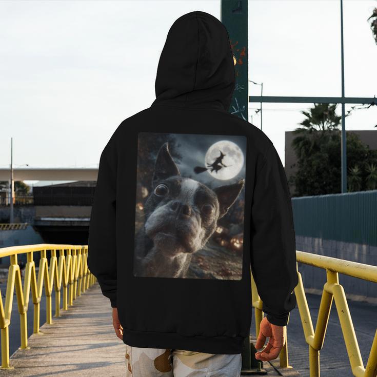 Boston Terrier Selfie Full Moon Flying Witch Halloween Dog Men's Hoodie Back Print, Boston Terrier Halloween Gifts, funny design