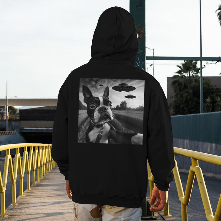 Boston Terrier Graphic Selfie With UFOs Weird Aliens Men's Hoodie Back Print, funny design
