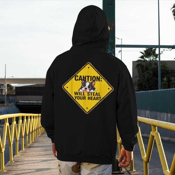 Caution Sign Boston Terrier Dog Bostie Puppy Men's Hoodie Back Print, funny design