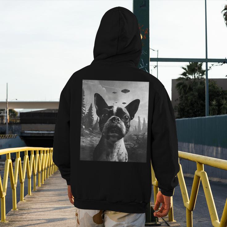 Dog Mom Dad Alien Selfie Boston Terrier UFO For Men Women Men's Hoodie Back Print, Couple Gifts, Mom Gifts, Boston Terrier Dad Gifts, Boston Terrier Mom Gifts, funny design