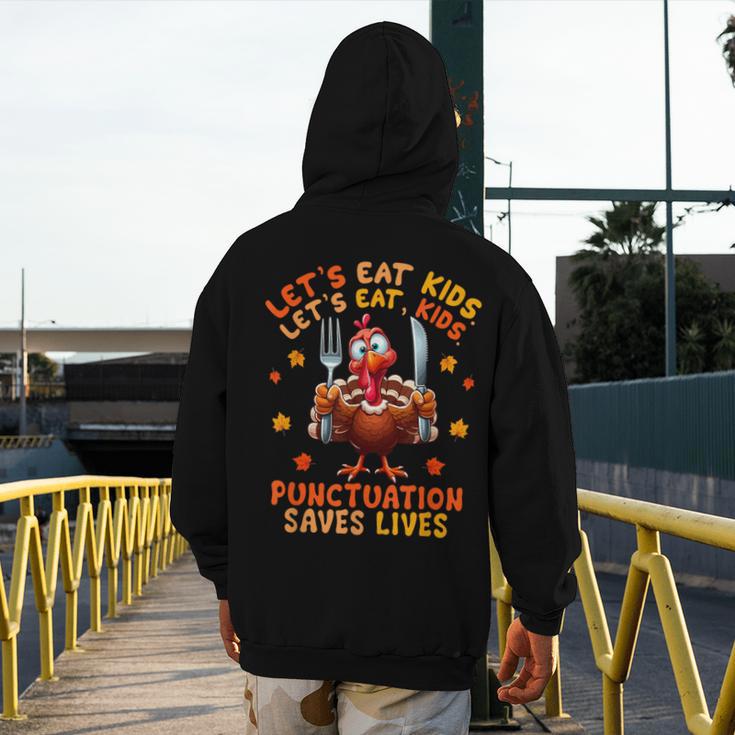 Eat Kids Punctuation Saves Lives Thanksgiving Turkey Teacher Men's Hoodie Back Print, funny design